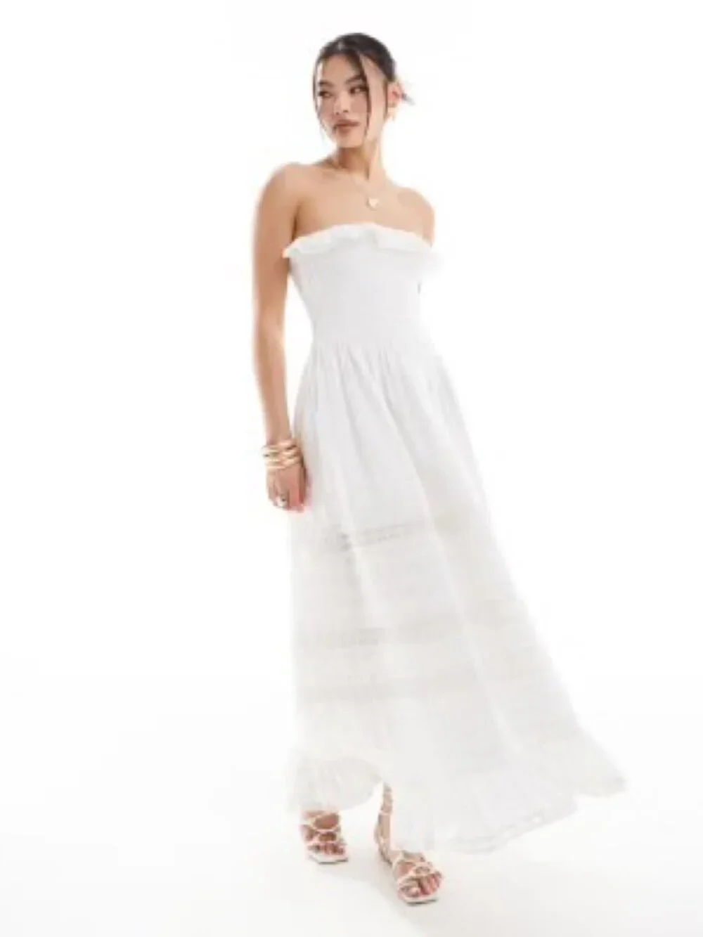 Abercrombie & Fitch Smocked Broderie Anglaise Trim Strapless Maxi Dress in White